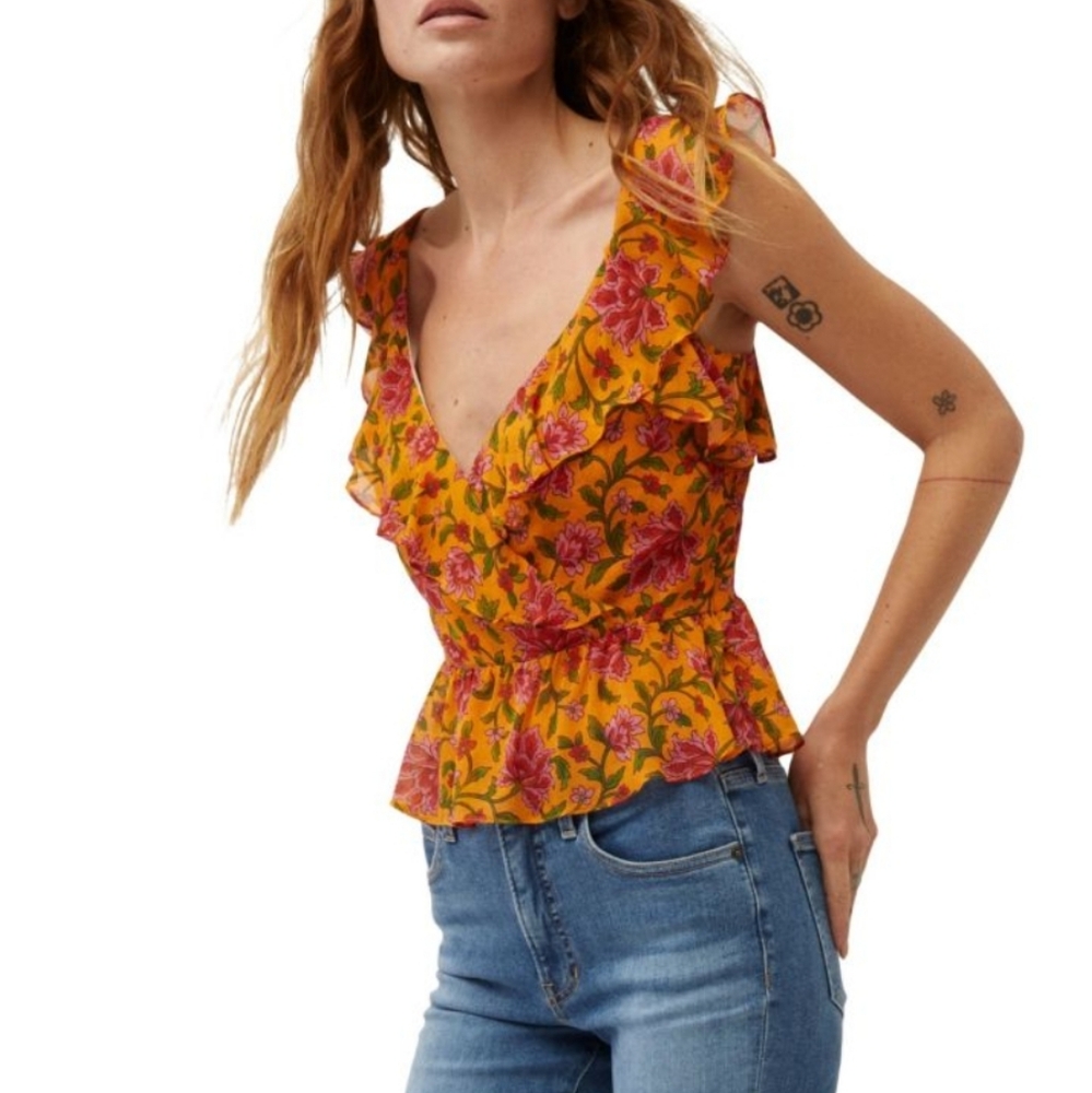 Veronica Beard Randa Ruffle Floral Silk Top Size 10 NWT